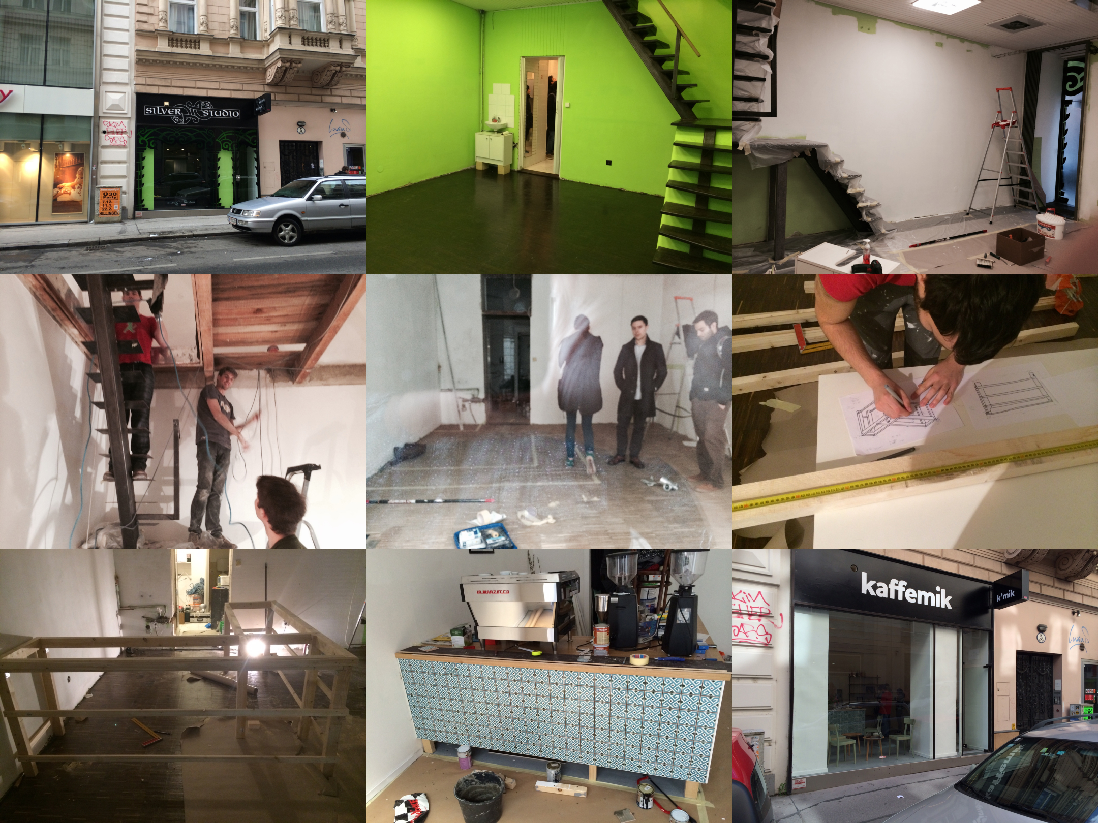 Collage of the rennovation work that went into building the interior of the café.